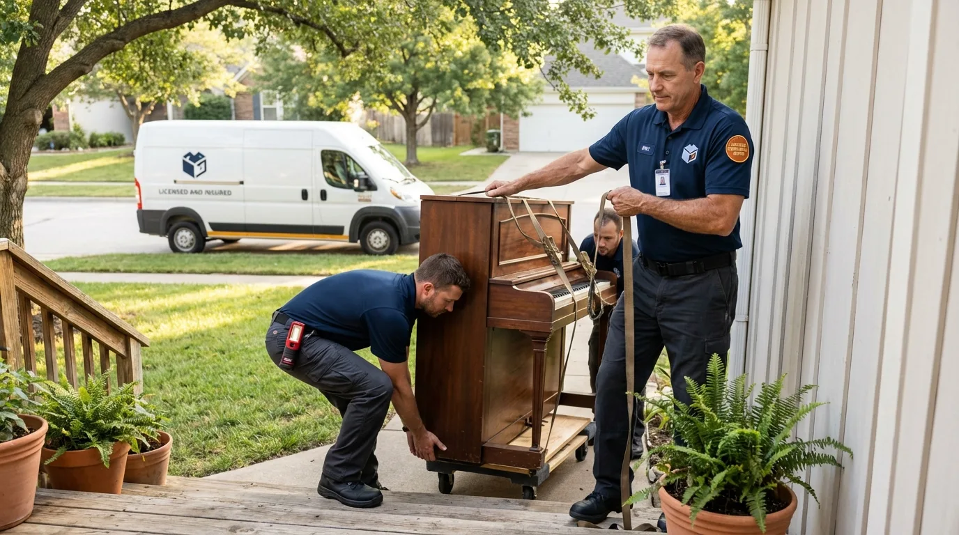Licensed piano movers securing grand piano in McCordsville, IN