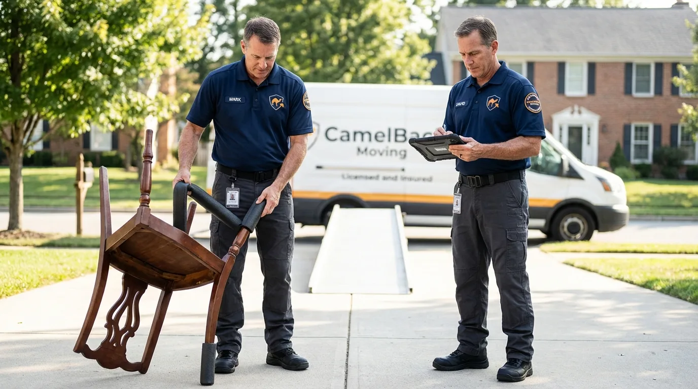 Movers inspecting furniture for damage prevention before loading in McCordsville, IN