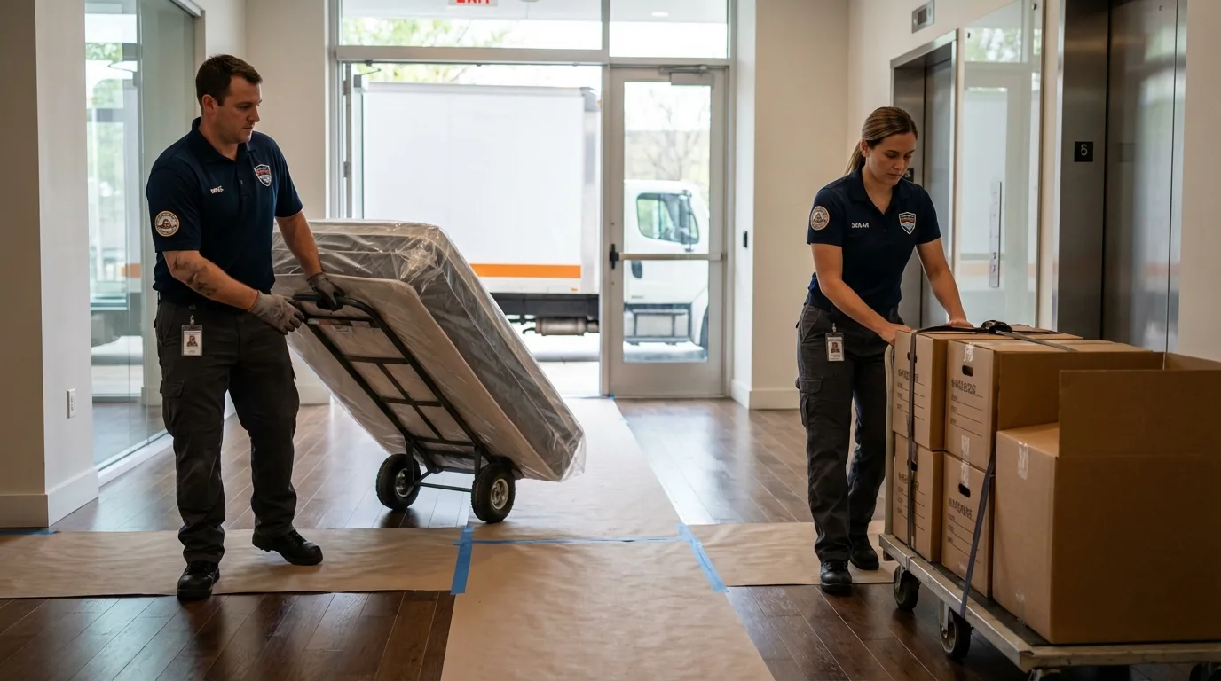 Professional apartment movers loading elevator in McCordsville, IN