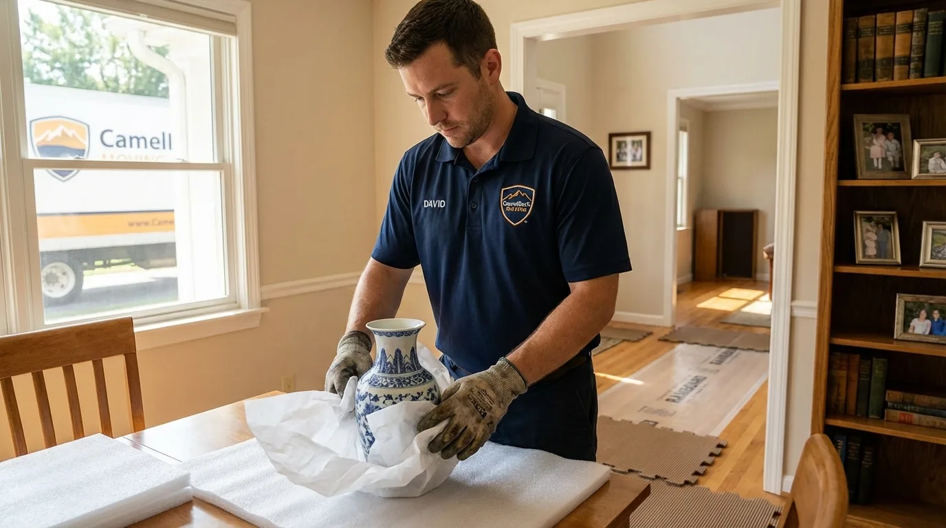 Professional crew carefully wrapping antique vase for senior downsizing move in McCordsville, IN